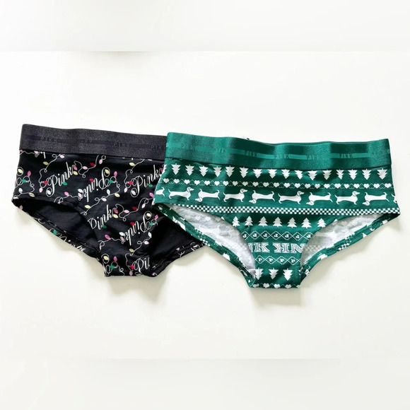 NWT 2 Victoria’s Secret Pink Holiday Hipster Panties Size Small Green Black - Picture 1 of 7